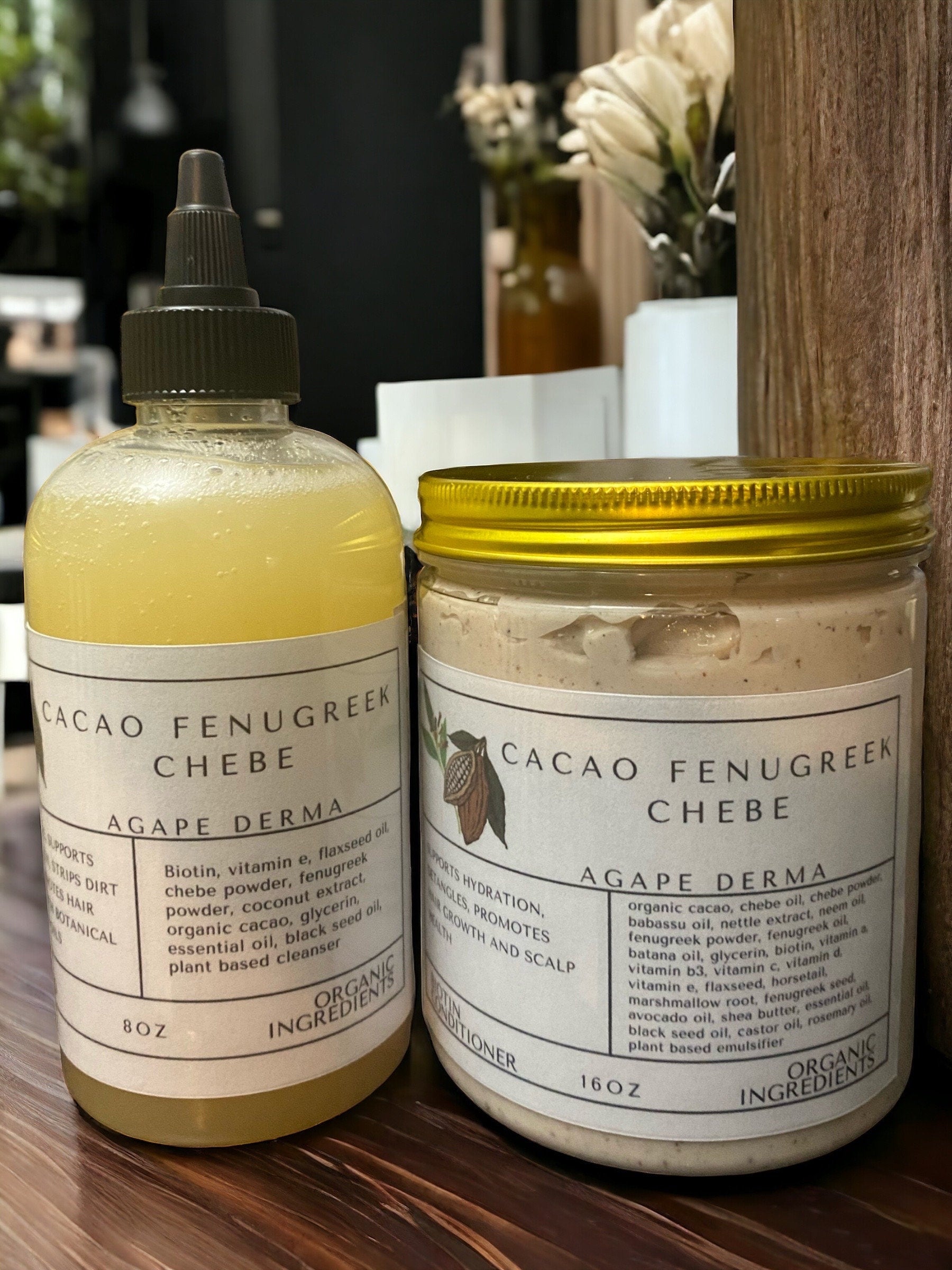 Cacao Fenugreek Chebe Biotin Natural Shampoo & Deep Conditioner Set - Infused with hair growth ingredients
