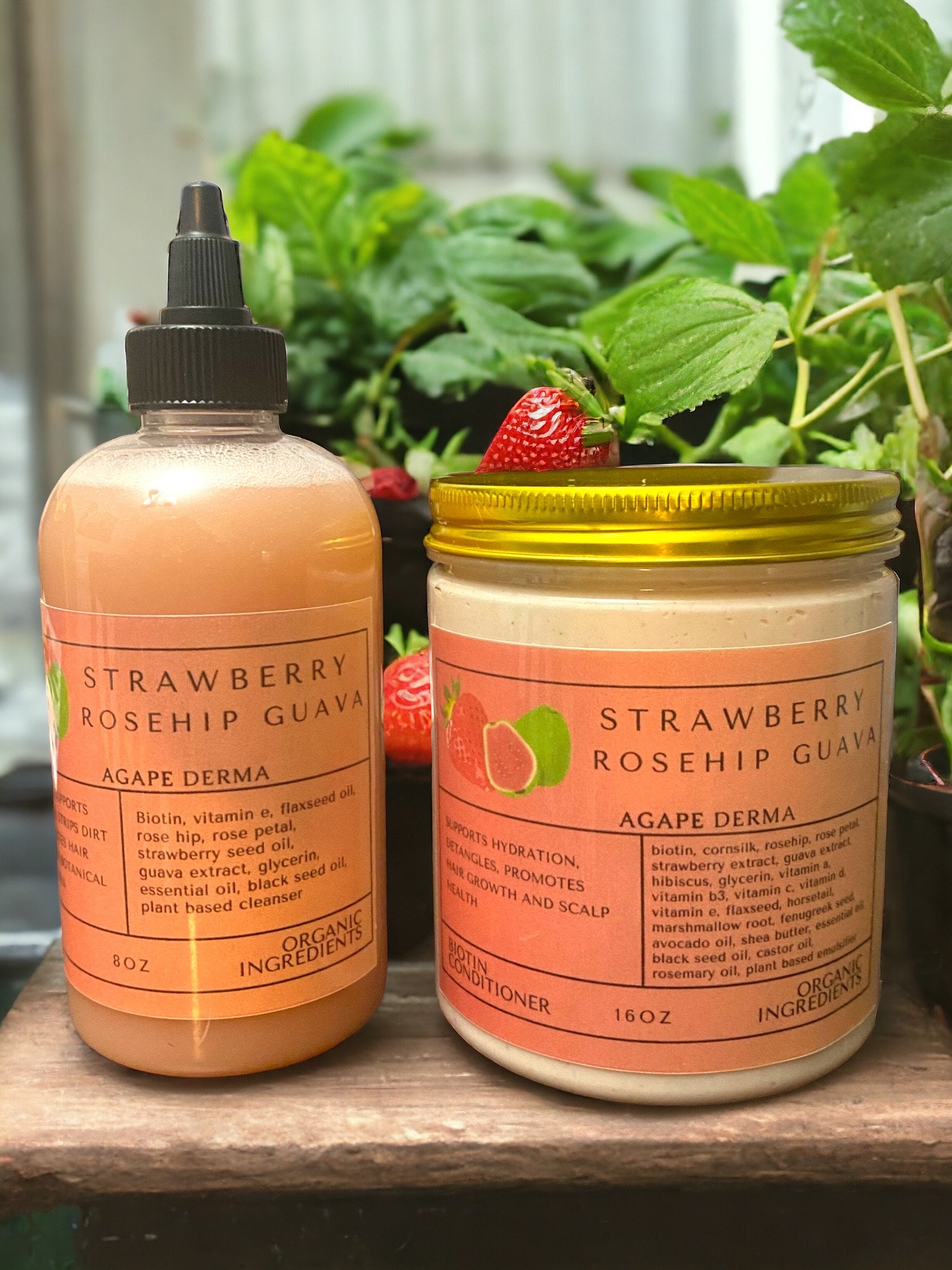 Strawberry Rosehip Guava Biotin Natural Shampoo & Deep Conditioner Set - infused with hair growth ingredients