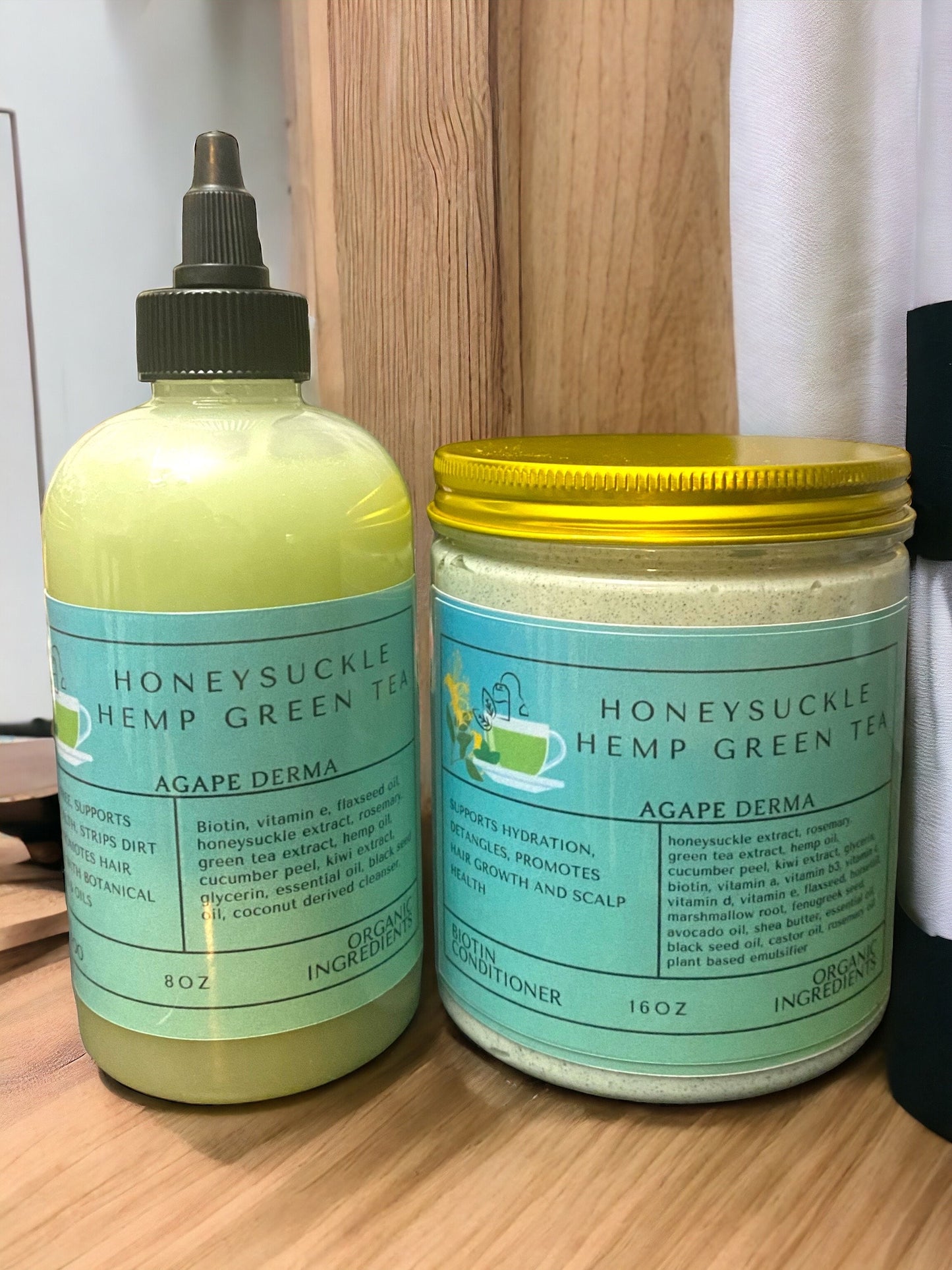 Honeysuckle Hemp Green Tea Biotin Natural Shampoo & Deep Conditioner Set - Infused with hair growth ingredients