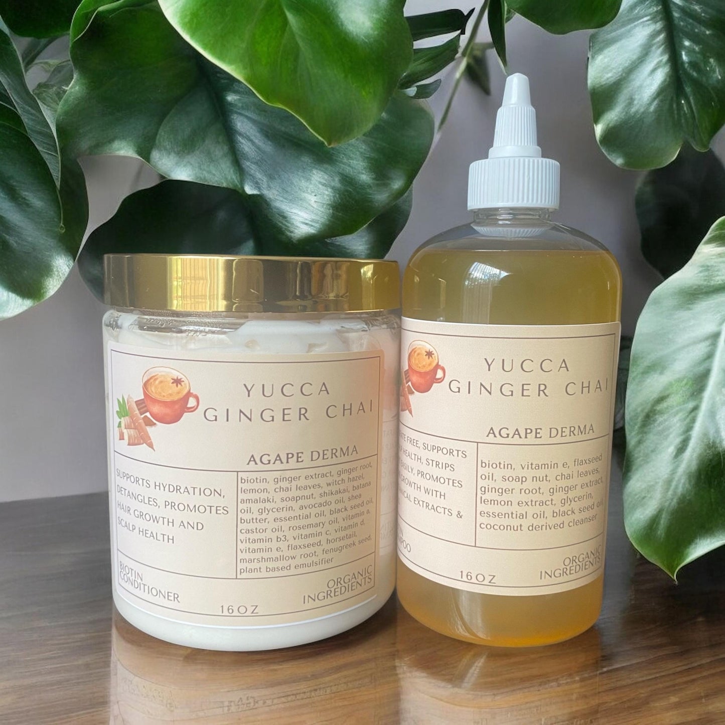 Yucca Ginger Chai Biotin Natural Shampoo & Deep Conditioner Set - Infused with hair growth ingredients