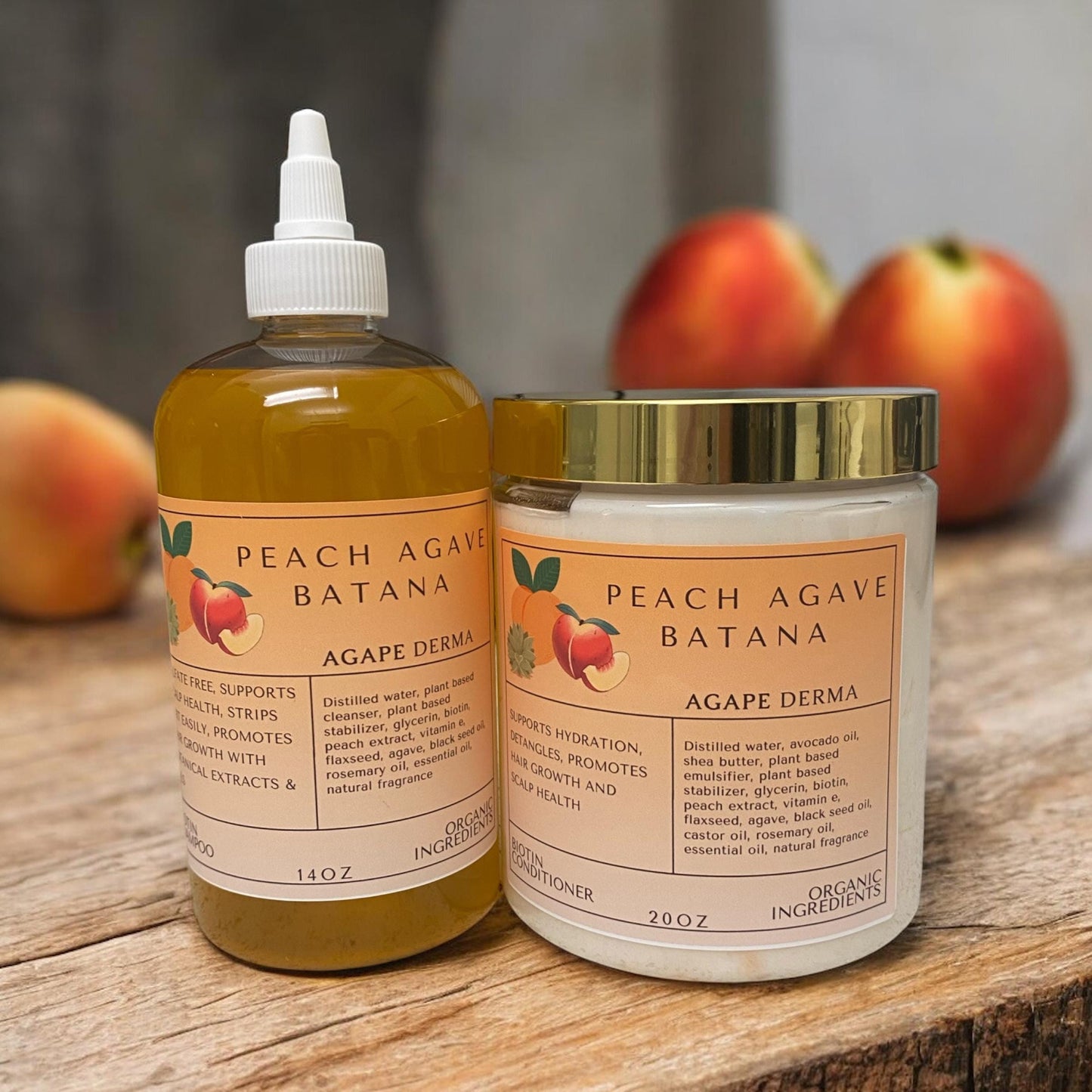 Peach Agave Batana Biotin Natural Shampoo & Deep Conditioner Set - Infused with hair growth ingredients